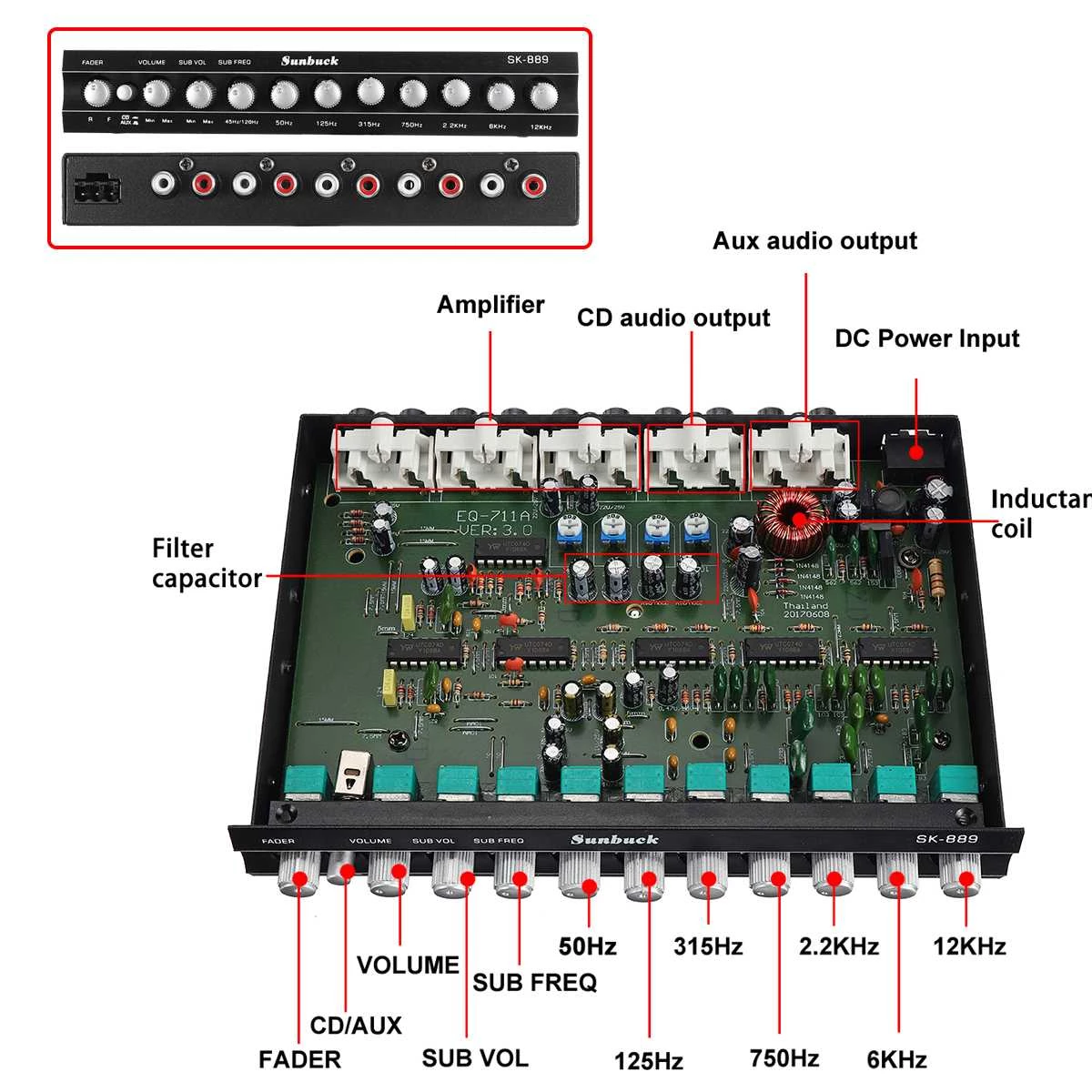 7 Band Car Audio Equalizer EQ w/ Front, Rear + Sub Output by Sunbuck (SK-889)