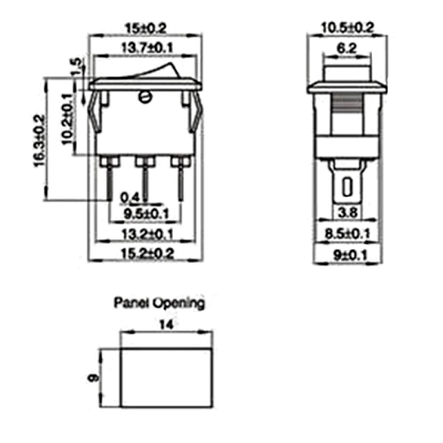 125VAC, 6A Snap-In SPST Mini Rocker Switch (1103-7257)